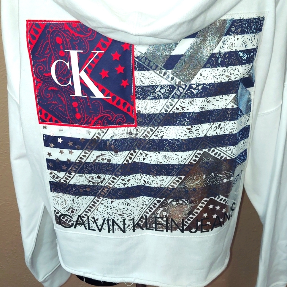 NWT Women's Calvin Klein Patriotic Crop Terry Cotton Hoodie - Picture 6 of 10